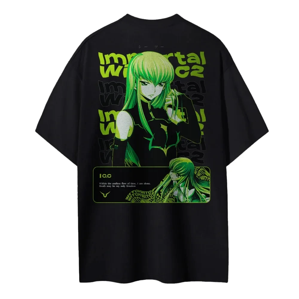 Anime Merchandise Shop - เสื้อยืดโค้ดเกียสใหม่ ซี.ซี. เสื้อยืดพิมพ์ลายตัวละครผมเขียว แม่มดอมตะ สำหรับผู้ชายและผู้หญิง ผ้าฝ้าย